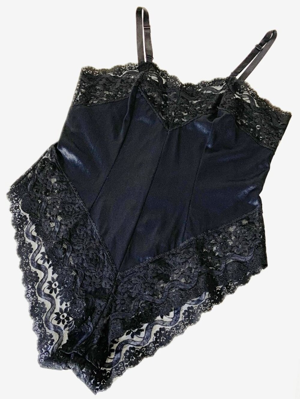 Vintage Black Nylon and Lace Playsuit / Made in Canada / size Small